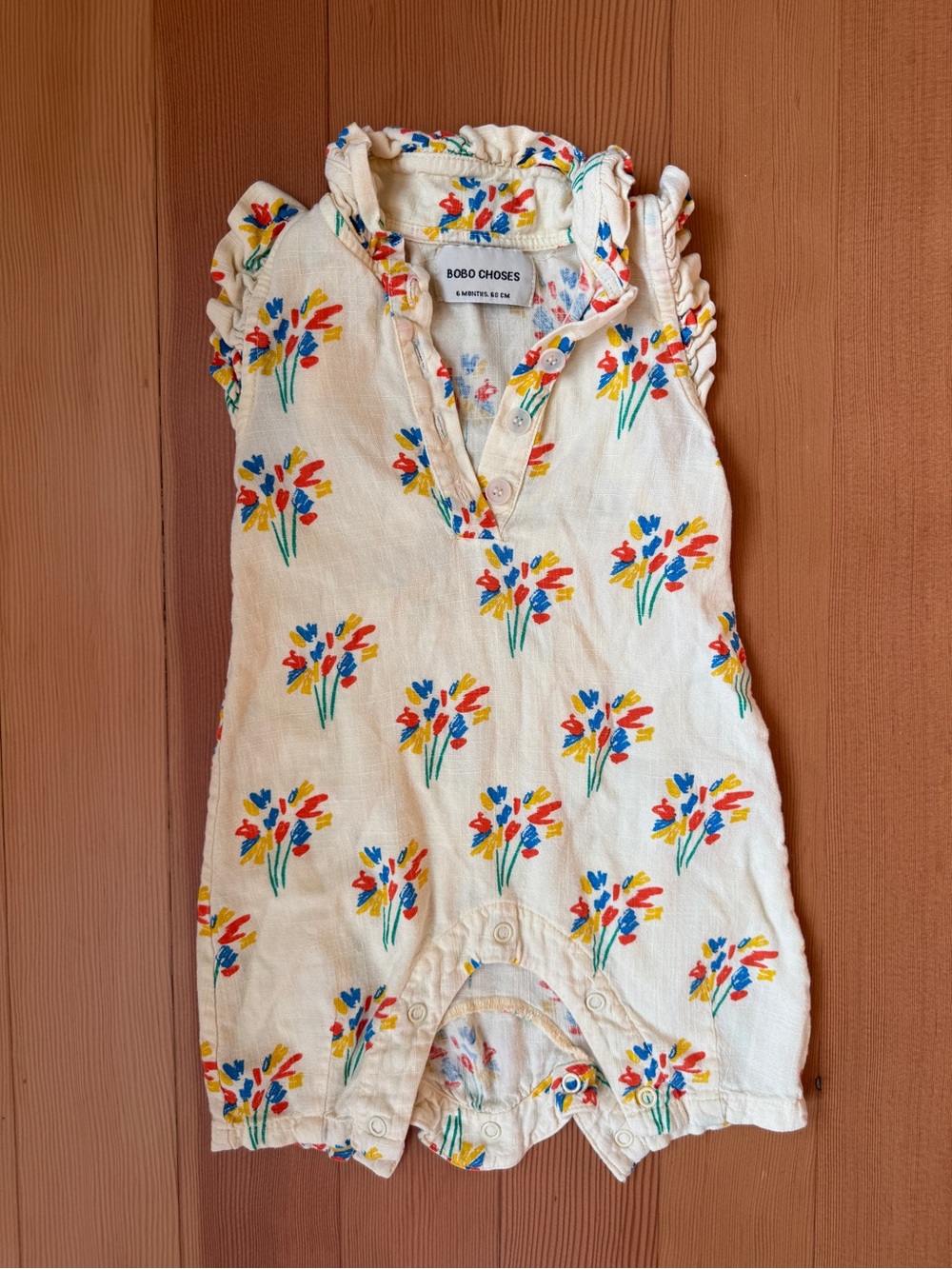 Bobo Choses Baby Floral Gauze Romper 6M Ruffle Shoulder Bouquet Print